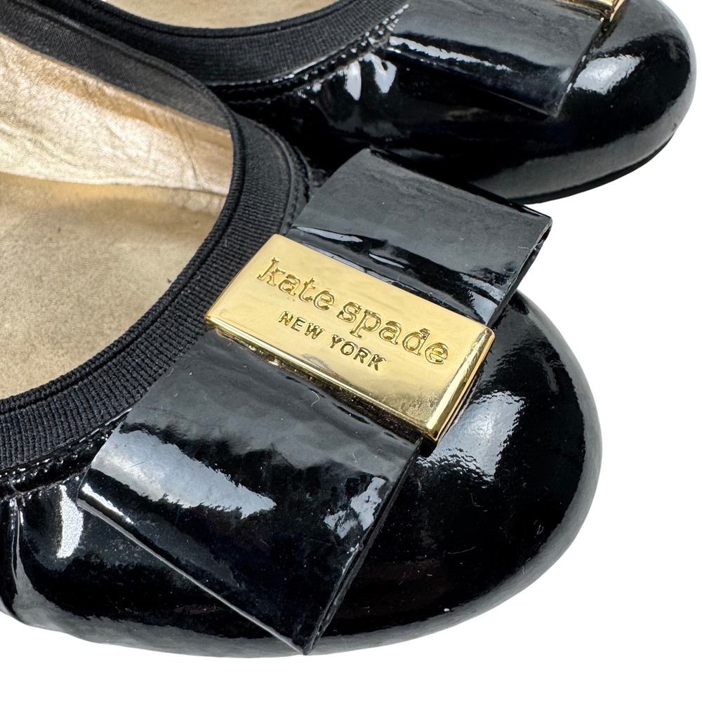 Kate Spade Ballet Flats Womens 8.5M Black Patent Leather Bow Gold Logo Designer - Picture 6 of 15